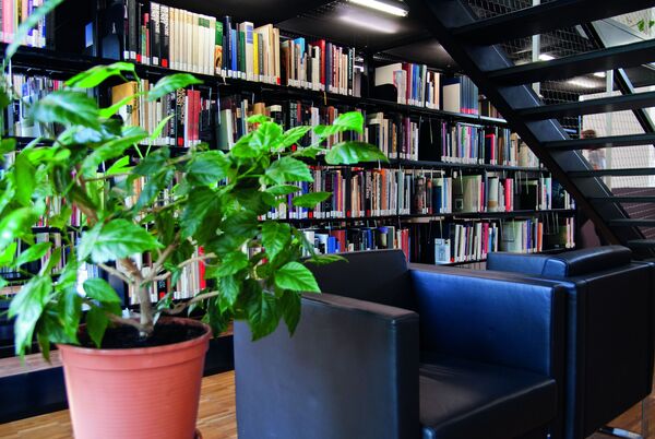 Bibliothek der Hochschule. Großes Bücherregal, zwei Sessel, Zimmerpflanze und Treppe.