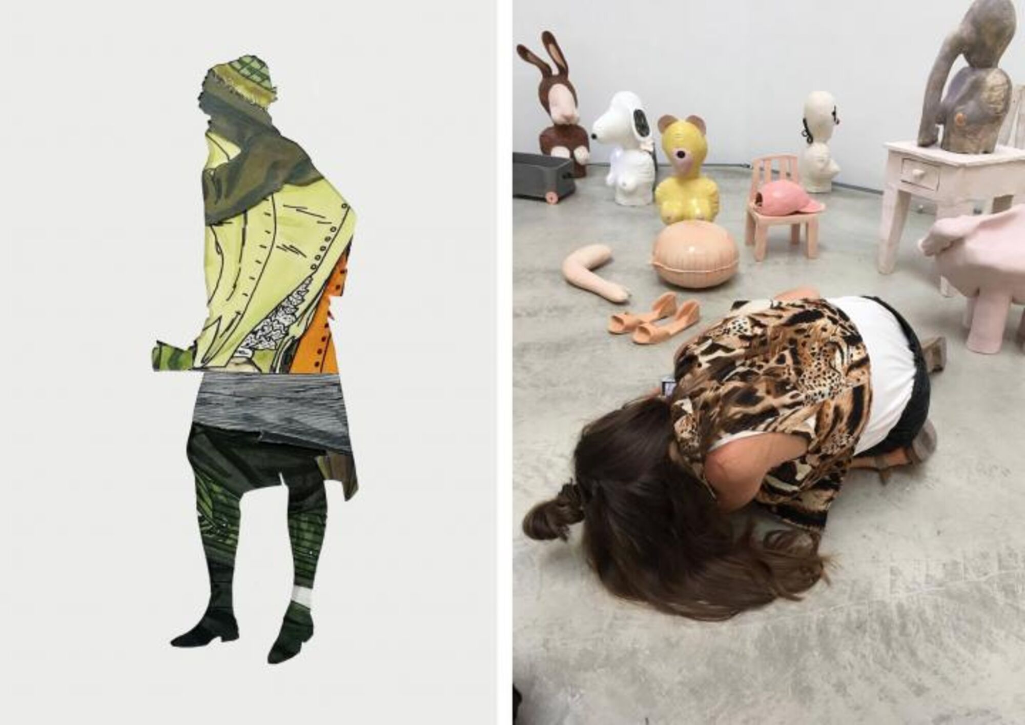 Links: farbige Grafikarbeit. Rechts: Keramikfiguren.