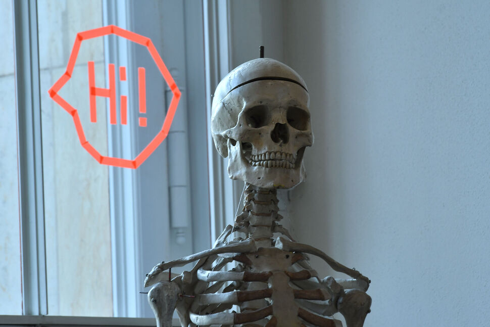 Foto mit Skelett und "Hi"