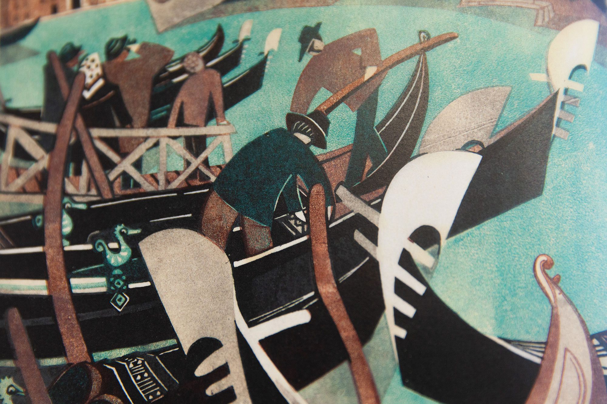 Linolschnitt von Lili Tschudi, zu sehen sind Boote, vielleicht venezianischen Gondeln.