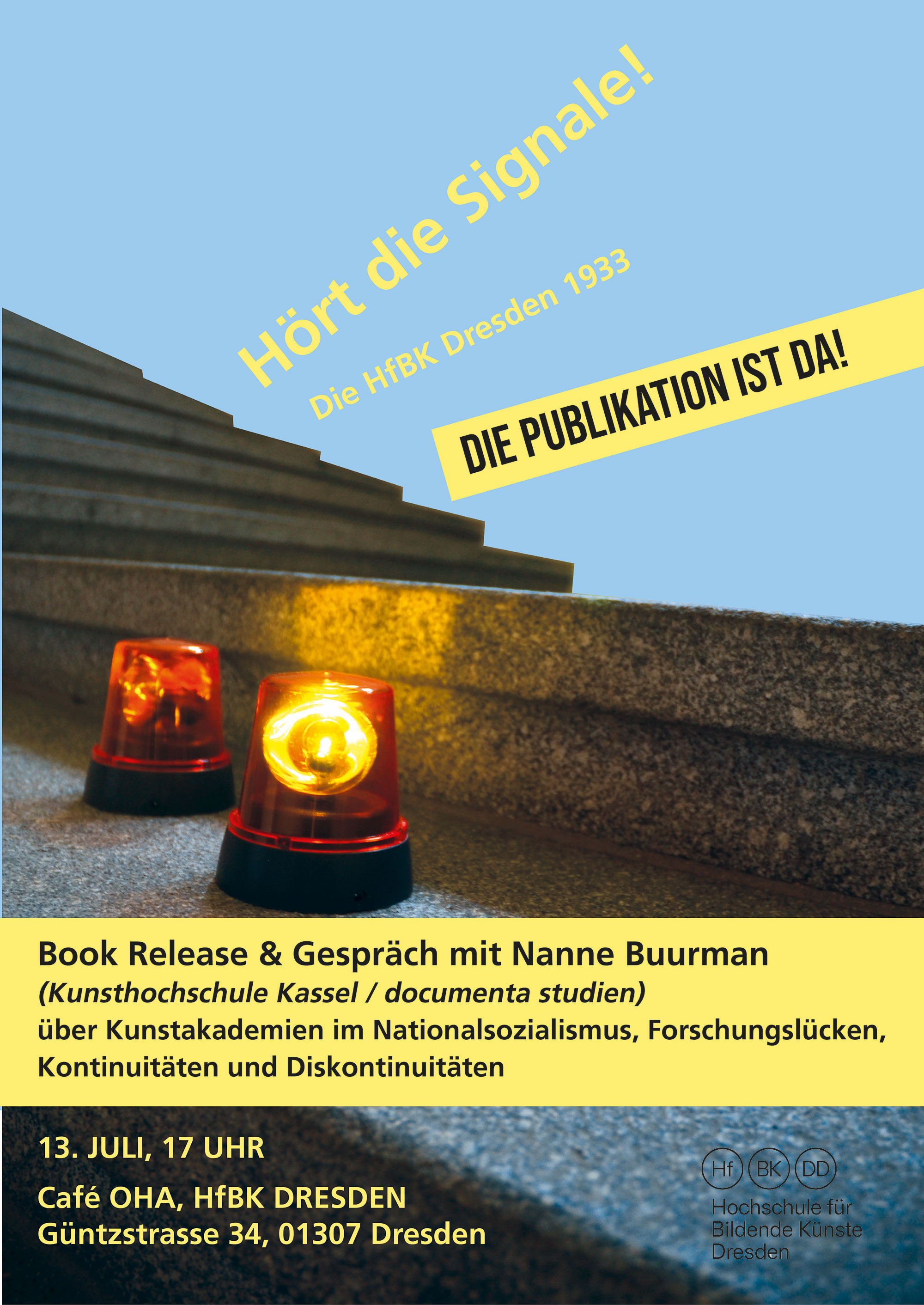 Plakat für die Veröffentlichungsveranstaltung des Katalogs. Zu sehen sind Warnlichter auf einer Wendeltreppe.