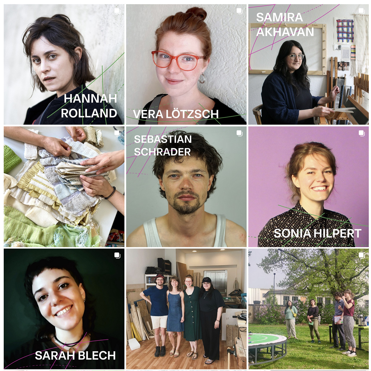 Quadratisches Bild mit sechs Kacheln, zu sehen sind Portraits der Projektmitarbeiter*innen und Atelieransichten Quadratisches Bild mit sechs Kacheln, zu sehen sind Portraits der Projektmitarbeiter*innen und Atelieransichten