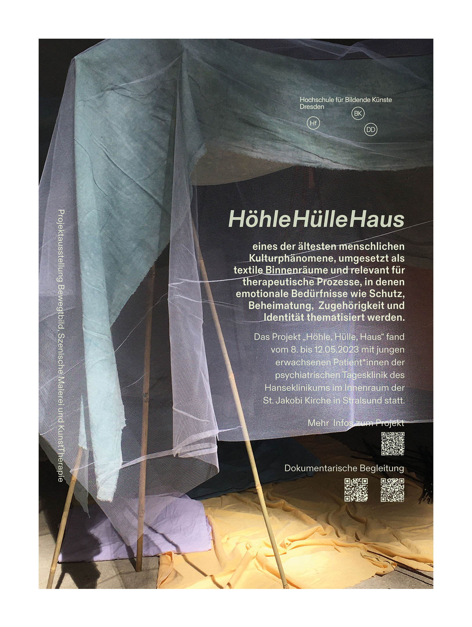 Flyer zum Projekt "Höhle, Hülle, Haus" in Stralsund. Neben Infos in Textform ist eins der entstandenen Therapieobjekte zu sehen.