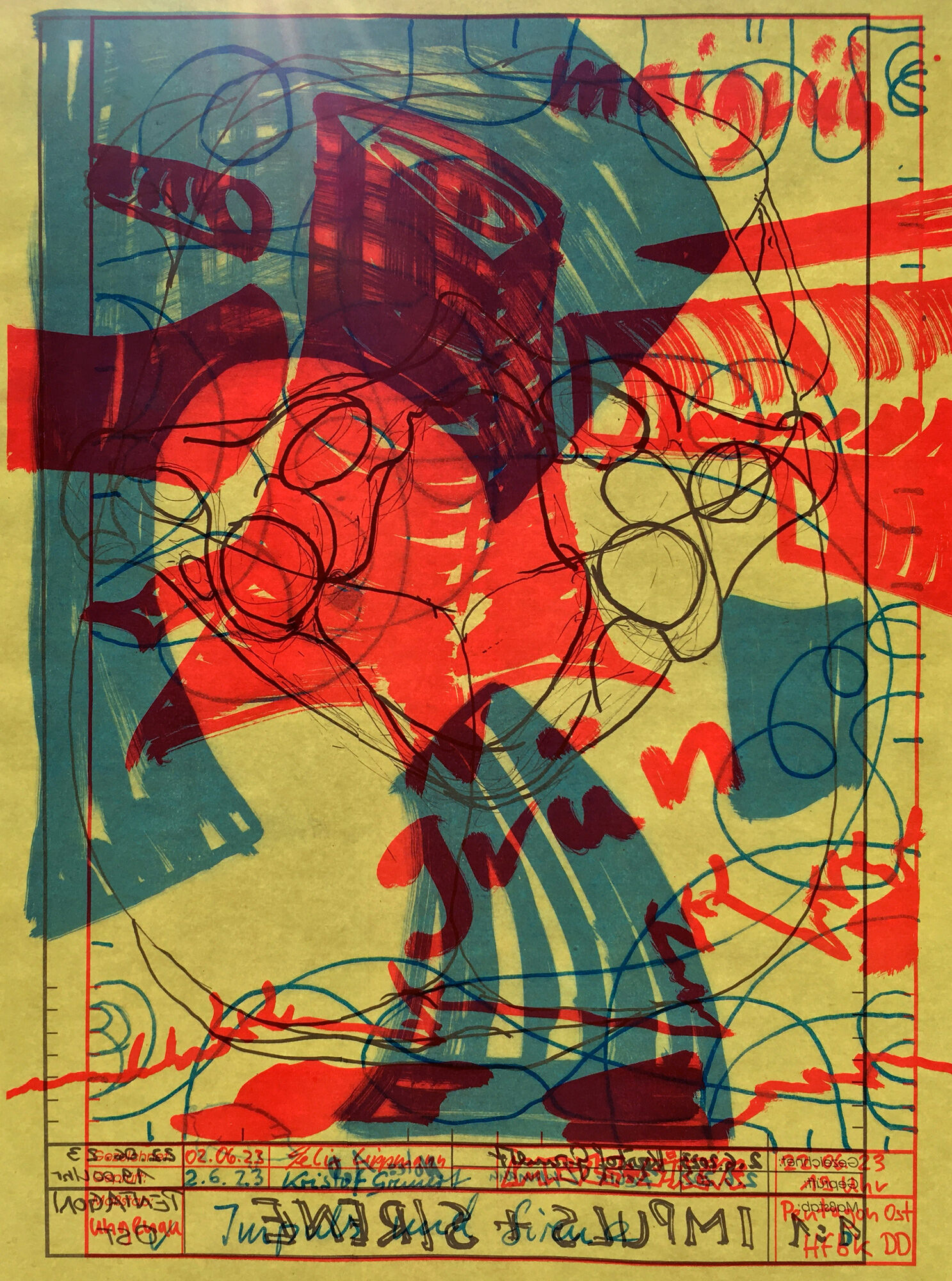 Rot und türkise Zeichnung auf gelblichem Untergrund. Rot und türkise Zeichnung auf gelblichem Untergrund.