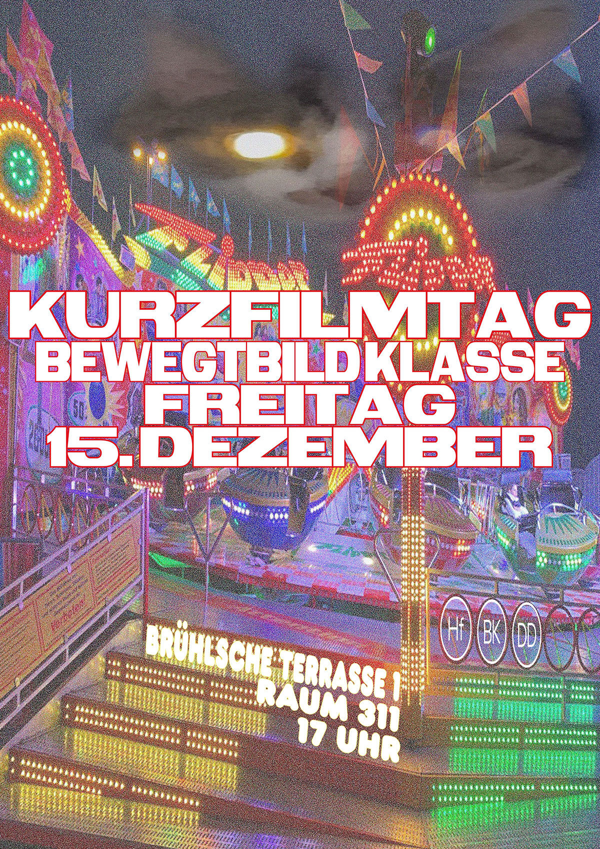 Plakat zum Kurzfilmtag 2023, Titel der Veranstaltung vor dem Hintergrund eines Rummelplatzes bei Nacht